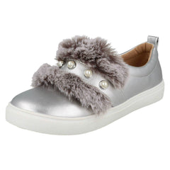 Girls Spot On Faux Pearl Strap Fur Trim Shoes