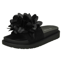 Ladies Spot On Flower Ruffle Vamp Sliders F10899