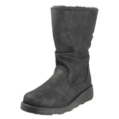 Ladies Spot On Fur Lined Zip Up Wide Fit Wedge Heel Mid Calf Boots F4466