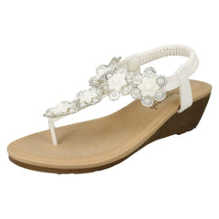 Ladies Savannah Mid Wedge Toepost Flower Trim Sandals