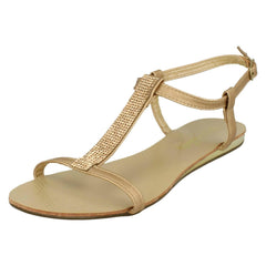 Ladies Savannah Flat T Bar Diamante Trim Casual Sandal