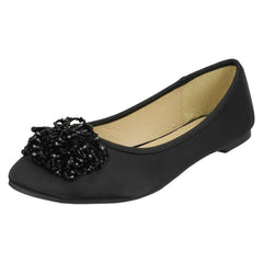Ladies Spot On Beaded Ruffle Vamp Flat Ballerina