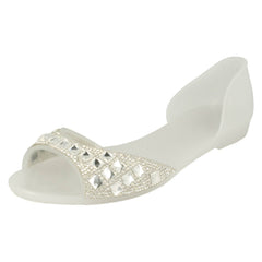 Ladies Spot On F0794  Open Toe Flat Ballerina With Jewelled Detailing